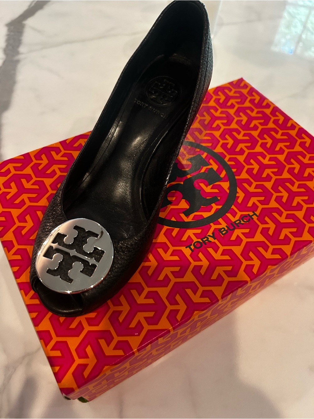 Tory Burch Black Leather Peep-Toe Heel with Silver Logo Medallion